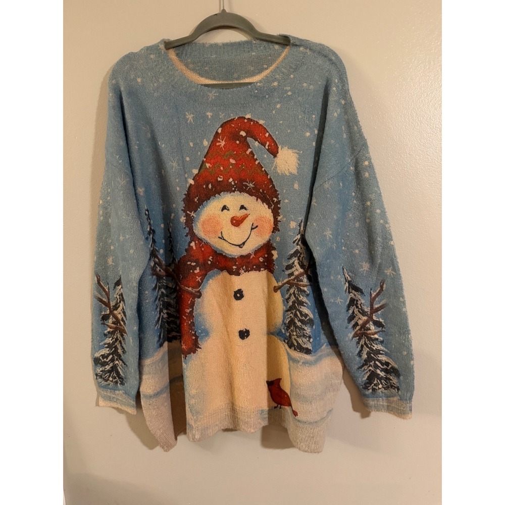 Snowman Winter Scene Oversized Knit Sweater Cotton Wool Blend Blue Festive